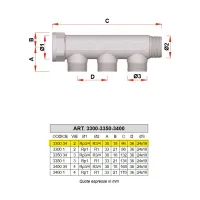 3300 - Collettore M-F cromato INT. 36 mm - Misura 3/4" - 2 derivazioni 3300 34
