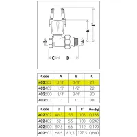 Valvola termostatizzabile predisposta per comandi termostatici, elettrotermici, elettronici. Versione dritta. Per tubo in ferro. Misura 3/8" 402302
