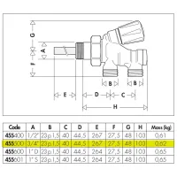 Valvola termostatizzabile predisposta per comandi termostatici, elettrotermici, elettronici. Per tubi in rame, plastica semplice e multistrato. Per impianti monotubo, trasformabile per impianti bitubo. Misura 3/4" 455500
