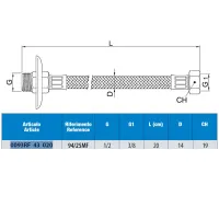 Attacco flessibile DN10 treccia acciaio inox AISI 304, maschio prolungato/femmina, rosone scorrevole in acciaio inox - Misura 1/2" x 3/8" L.20 cm 0093RF43020