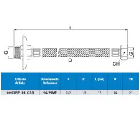 Attacco flessibile DN10 treccia acciaio inox AISI 304, maschio prolungato/femmina, rosone scorrevole in acciaio inox - Misura 1/2" x 1/2" L.35 cm 0093RF44035