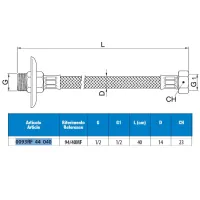 Attacco flessibile DN10 treccia acciaio inox AISI 304 - maschio prolungato/femmina - rosone scorrevole in acciaio inox - Misura 1/2" x 1/2" L.40 cm 0093RF44040