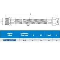 Attacco flessibile DN13 tipo gigante treccia acciaio inox AISI 304, maschio/femmina - Misura 1/2" x 3/4" L.25 cm 0095MF45025