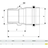Manicotto Prestabo MF ø28x3/4"M con SC‑Contur acciaio al carbonio, zincato estremità a pressare femmina, filettatura R 641993