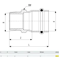 Manicotto Prestabo F 18x1/2" M con SC‑Contur, acciaio al carbonio zincato, estremità a pressare femmina, filettatura R 559014
