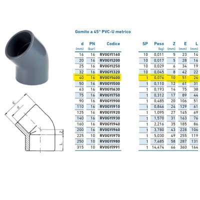 Gomito a 45° PVC-U metrico ø40 PN16 per incollaggio INPFGY140000 - -  IRRITEC - -  
