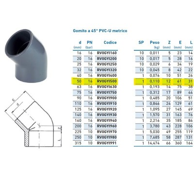 Gomito a 45° PVC-U metrico ø50 PN16 per incollaggio INPFGY150000 - -  IRRITEC - -  