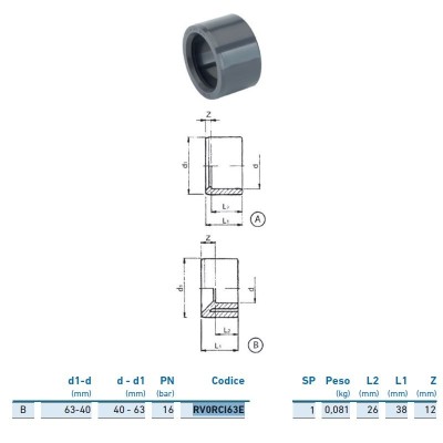 Riduzione M/F corta PVC-U metrico ø63x40 INPFRC163E00 - -  IRRITEC - -  