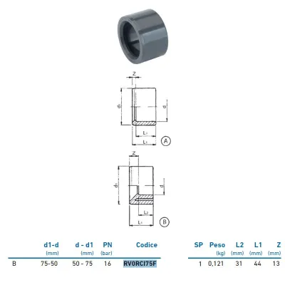 Riduzione M/F corta PVC-U metrico ø75x50 INPFRC175F00 - -  IRRITEC - -  