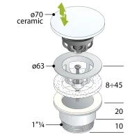 Piletta a vite clic-clac in ottone cromato per lavabo e bidet con tappo in ceramica bianca lucida 7532.3105T