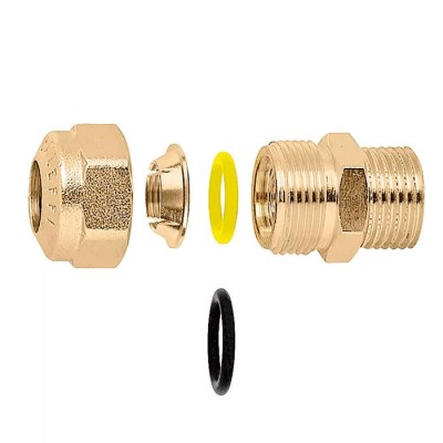 Raccordo maschio. Attacco G 3/8" A (ISO 228-1) M ingresso - ø 10 uscita. Per tubi in rame ricotto, rame crudo, ottone, acciaio dolce e acciaio inox. Con doppio O-Ring. 904310