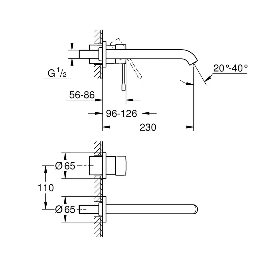 Grohe Essence miscelatore per lavabo a 2 fori con installazione a parete, set di montaggio finale, corpo incasso non incluso, GROHE EcoJoy, AquaGuide finitura cromo 19967001