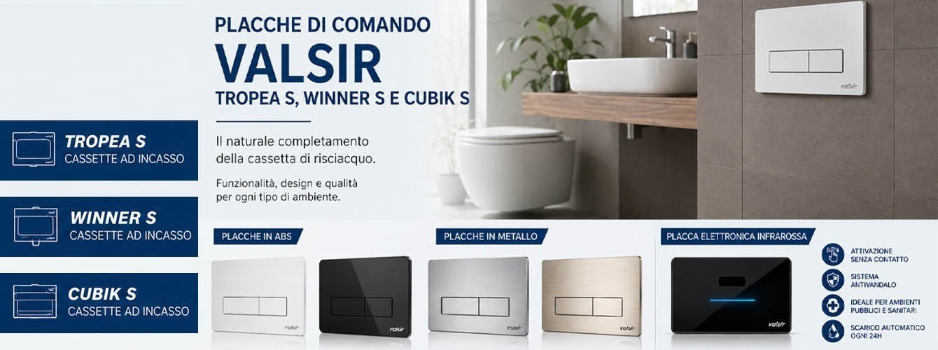 Placche di comando Valsir Tropea S, Winner S e Cubik S: design, funzionalità e innovazione per il bagno